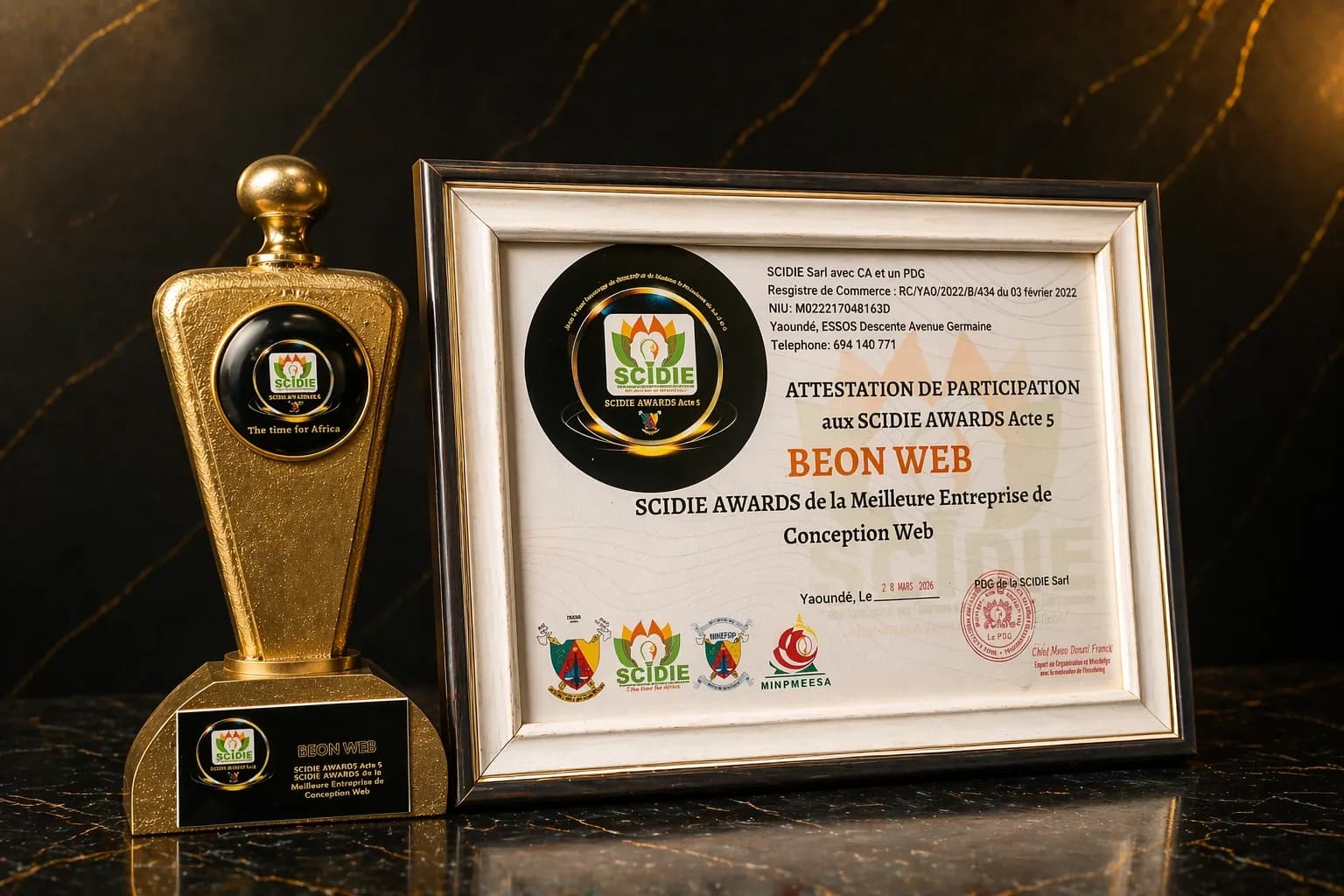 Trophée et diplôme SCIDIE Awards 2026 décernés à BEONWEB